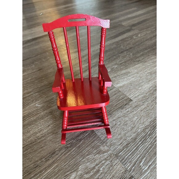 Vintage Wooden Miniature Doll Rocking Chair 9” Tall Spindle Bright Red - Picture 1 of 6